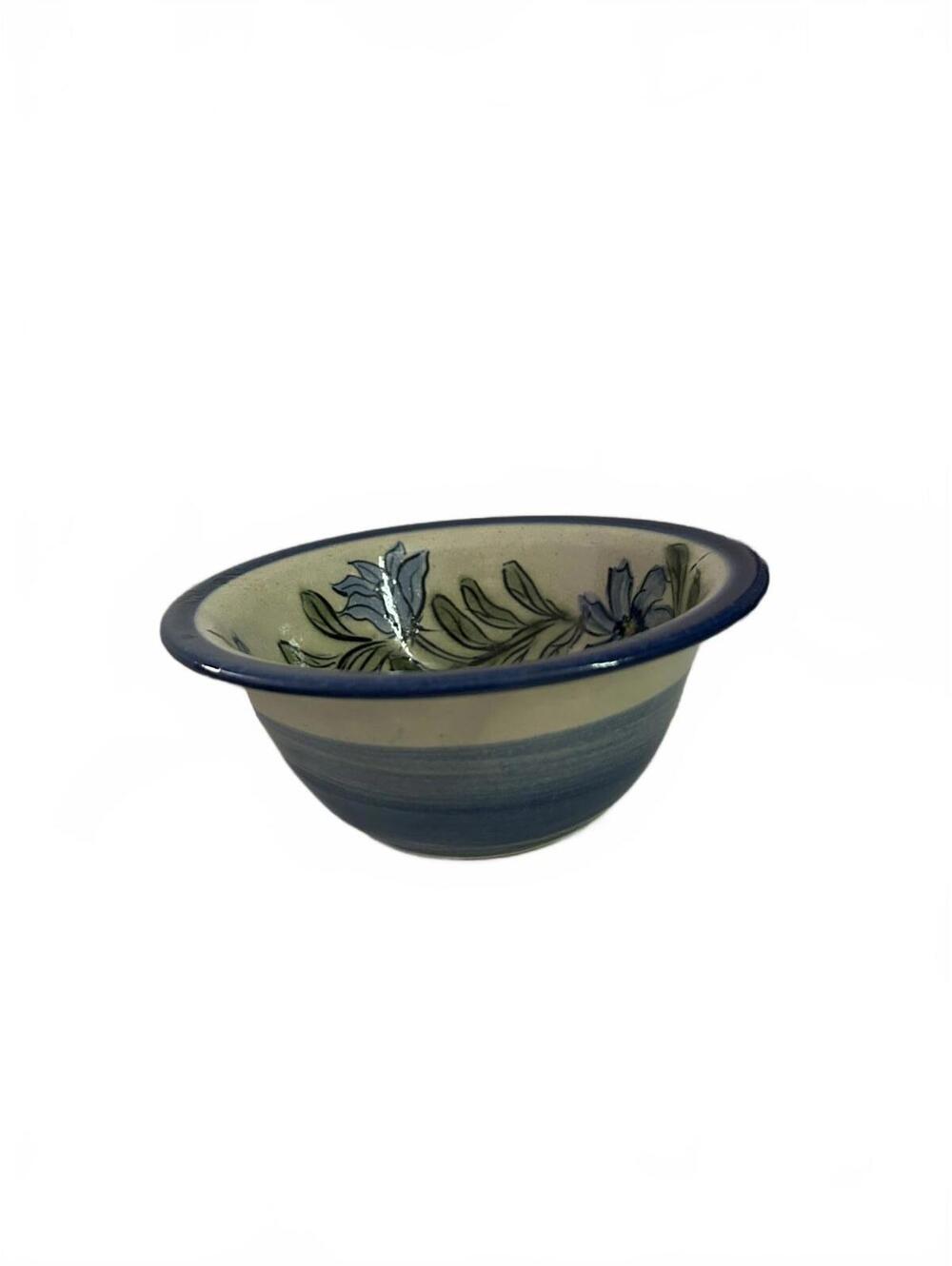 Hand-Painted Ceramic Floral Bowl with Blue Rim